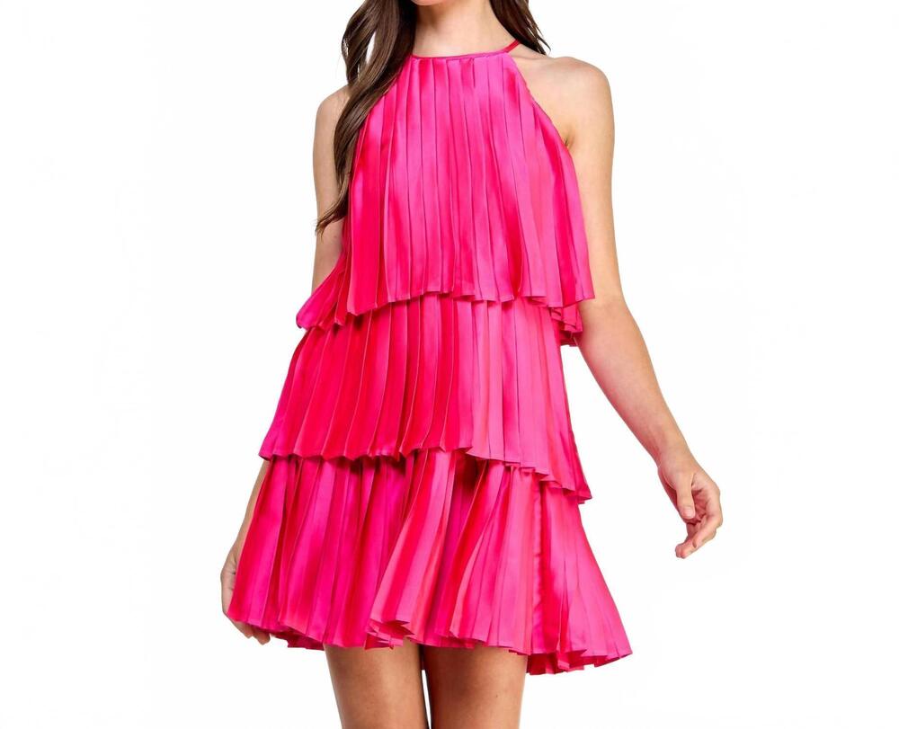 NEW STRUT & BOLT pleated satin tiered dress in pink pop